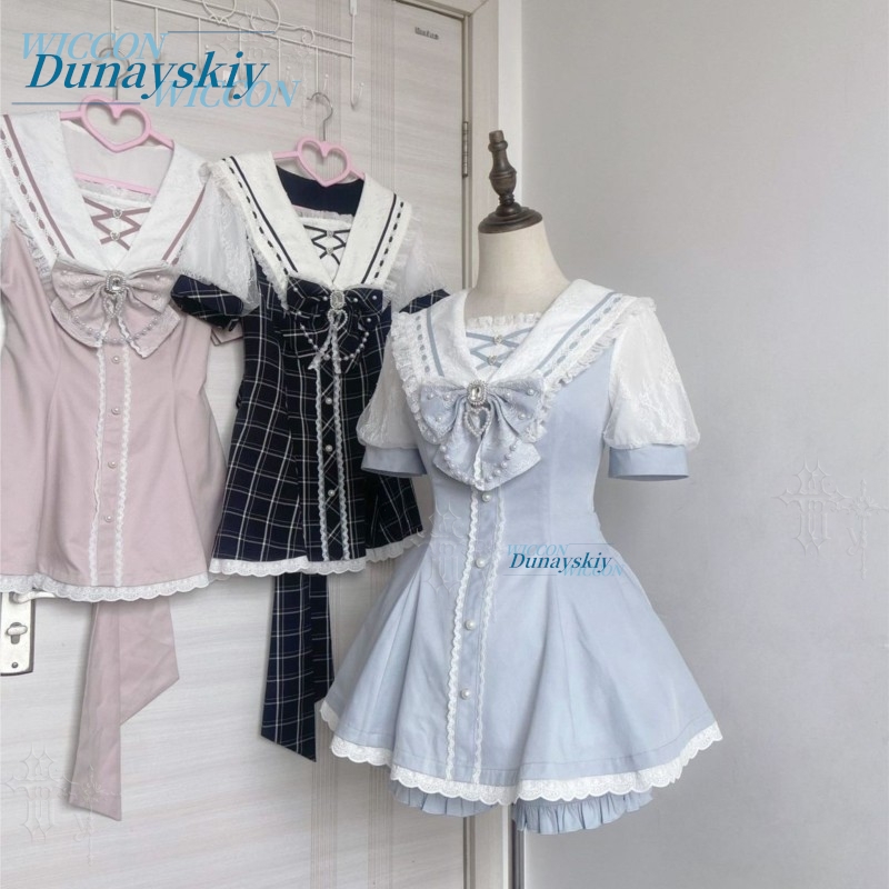Summer Alt Clothing - Set Gaun Kerah Pelaut Renda Pita