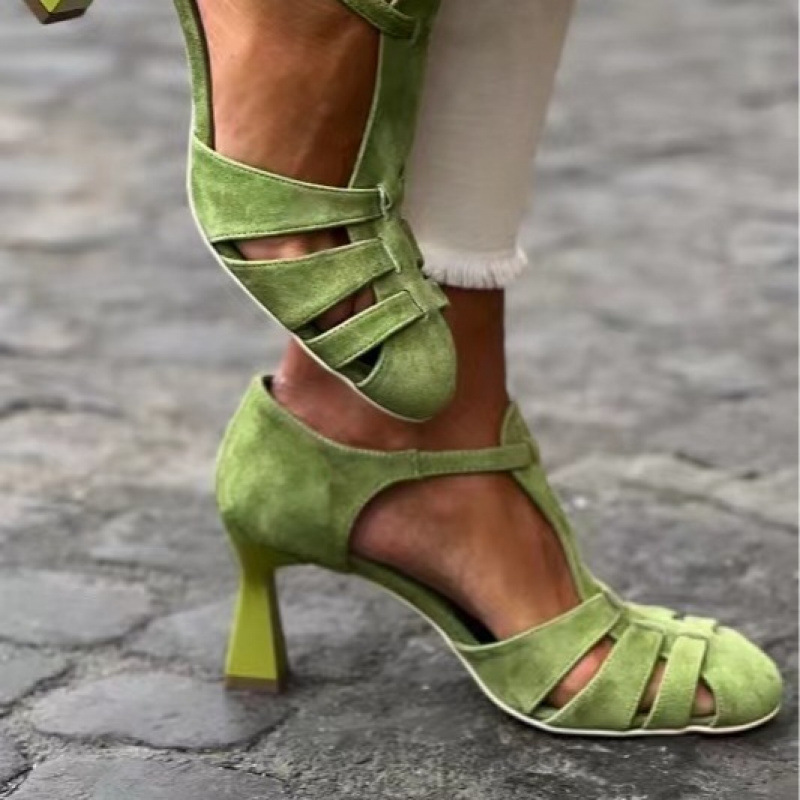 Summer Clothing Modest - Sandal Wanita Hijau Suede Kitten Heel