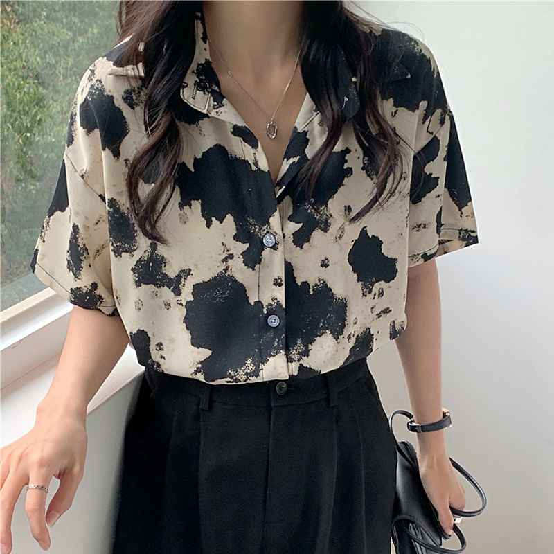 Summer Youth Clothing - Blus Motif Macan Tutul Vintage Kerah