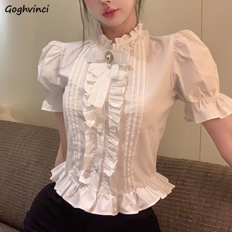 Summer Clothing Aesthetic - Kemeja lengan Puff Wanita ruffle putih